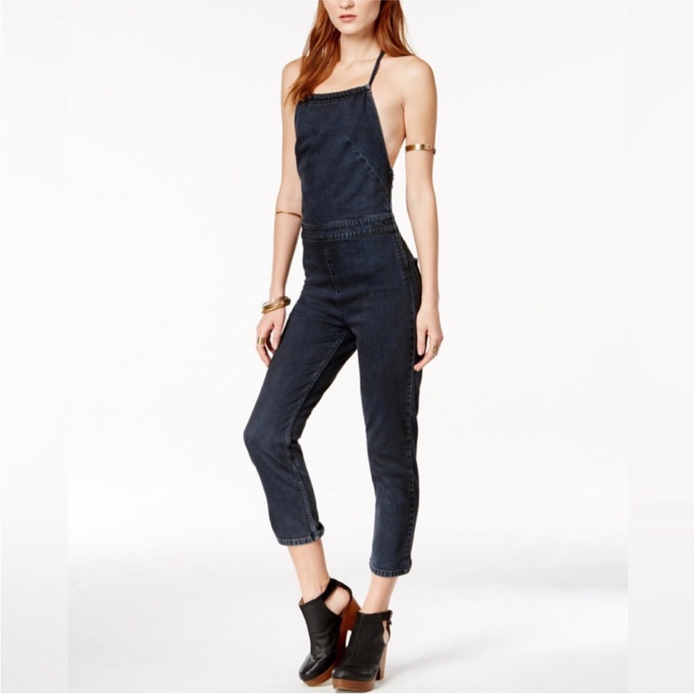 Free People Hearts on Fire Black Denim Open Back Halterall Jumpsuit size 2
